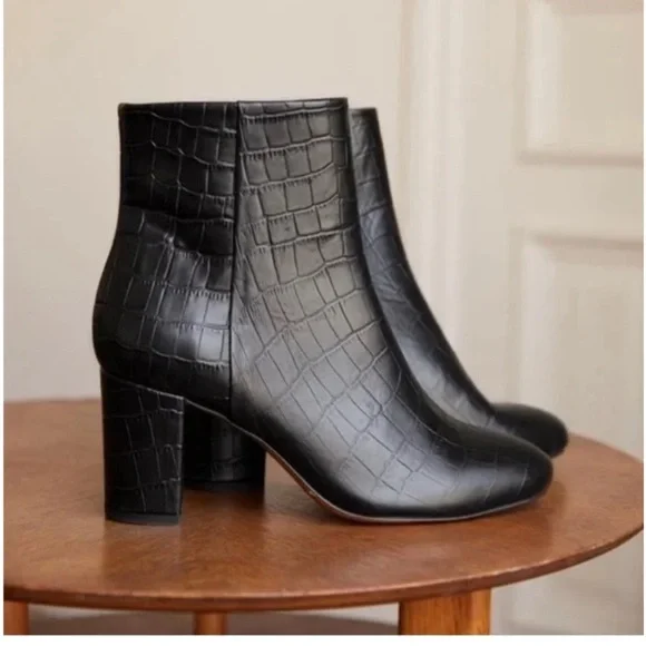 Sezane Black Croc-Embossed Ankle Boots - Picture 5 of 8